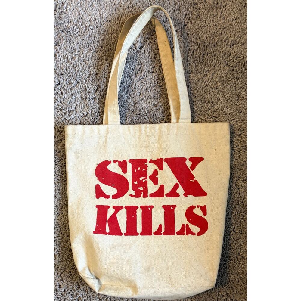 Sex Kills Canvas Tote Bag Cream Red Graphic Shoulder Strap Streetwear Market Bag